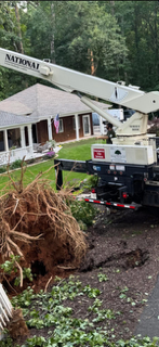 Crane working beside a house and the exposed root ball of an uprooted tree
