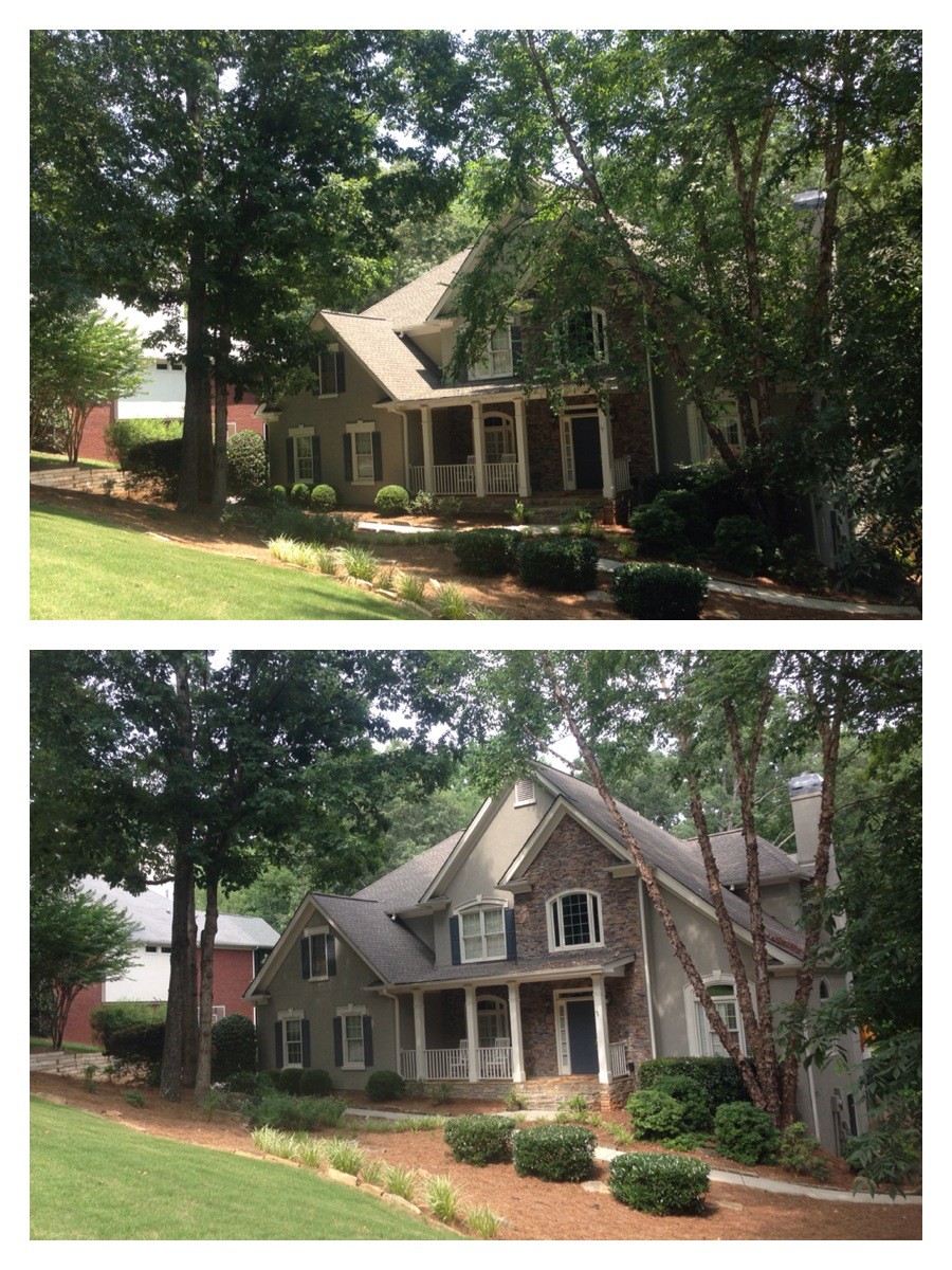 Before and after pruning comparisons showing clearer space around a home and its roofline